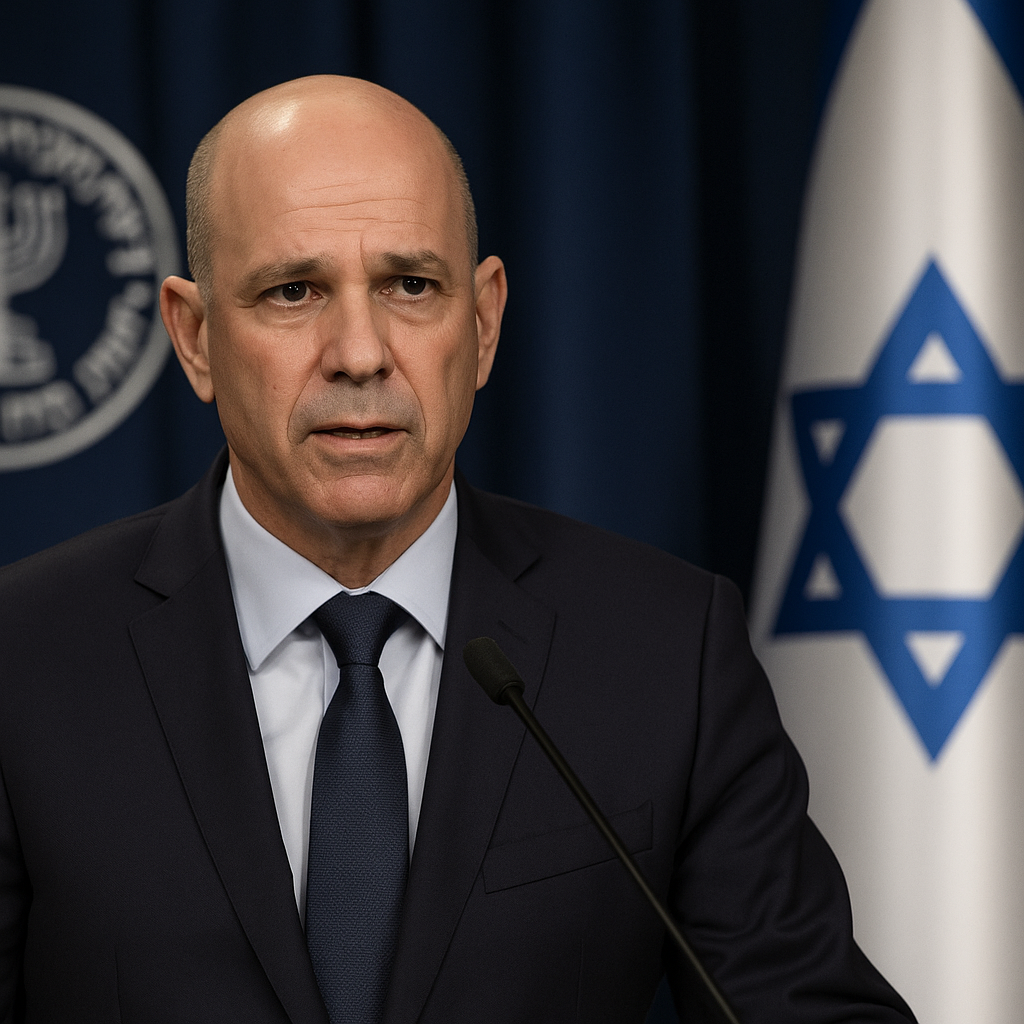 Mossad-Chef David Barnea spricht auf einer Pressekonferenz. Er trägt einen dunklen Anzug mit Krawatte, im Hintergrund sind eine israelische Flagge und das Mossad-Logo zu sehen. Barnea wirkt ernst und fokussiert