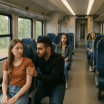 Das Bild zeigt das Innere eines modernen Nahverkehrszugs bei Tageslicht. Auf den blauen Sitzen sitzen mehrere junge Frauen, von denen eine im Vordergrund sichtbar unwohl wirkt. Neben ihr sitzt ein dunkelhaariger Mann mit Bart und dunkler Kleidung, der sie am Arm berührt und bedrängend ansieht. Die Frau wendet sich leicht ab und schaut verunsichert. Im Hintergrund beobachten zwei weitere junge Frauen die Szene aufmerksam und mit Sorge. Durch die Fenster ist eine vorbeiziehende grüne Landschaft zu erkennen – vermutlich auf einer Regionalstrecke in Sachsen. Die Szene vermittelt eine bedrückende, aber realistische Darstellung eines Übergriffs im öffentlichen Raum.