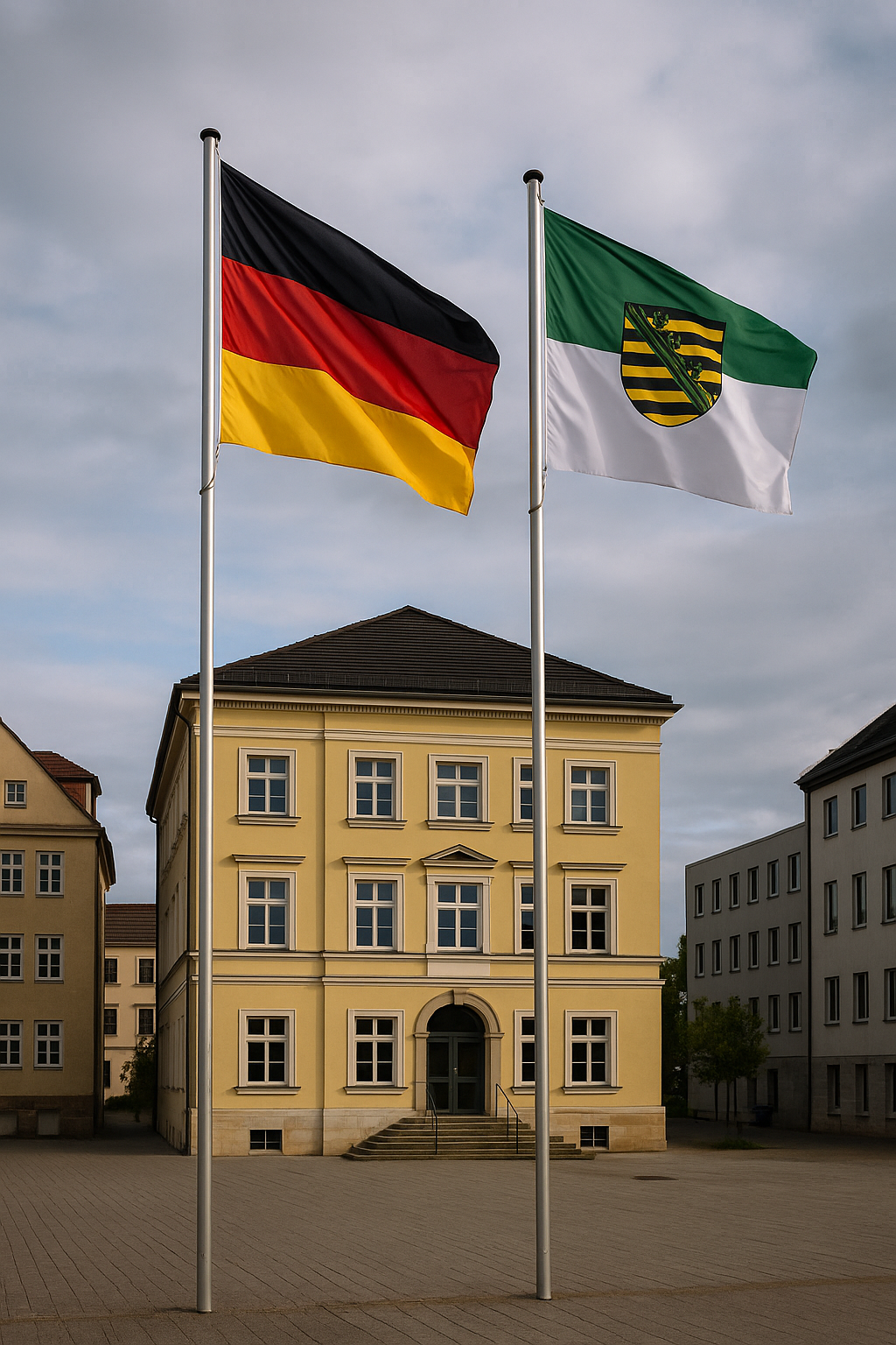 Das Foto zeigt zwei hohe Fahnenmasten vor einem repräsentativen Verwaltungsgebäude mit gelber Fassade und klassizistischer Architektur. Im Vordergrund wehen die Deutschlandflagge (Schwarz-Rot-Gold) und die sächsische Landesflagge (Grün-Weiß mit Landeswappen) bei leichtem Wind. Das Gebäude im Hintergrund hat große Fenster, ein zentrales Eingangsportal mit Treppenstufen und wird von weiteren Amts- oder Schulgebäuden flankiert. Der Himmel ist teilweise bewölkt, das Licht weich – die Szene wirkt ruhig, geordnet und würdevoll.