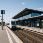 Moderner Bahnhof in Ostsachsen an einem sonnigen Tag mit gläsernem Empfangsgebäude, überdachten Bahnsteigen und einem weißen Regionalzug, der auf dem Gleis steht. Im Vordergrund sind klare Beschilderungen und barrierefreie Zugänge sichtbar.
