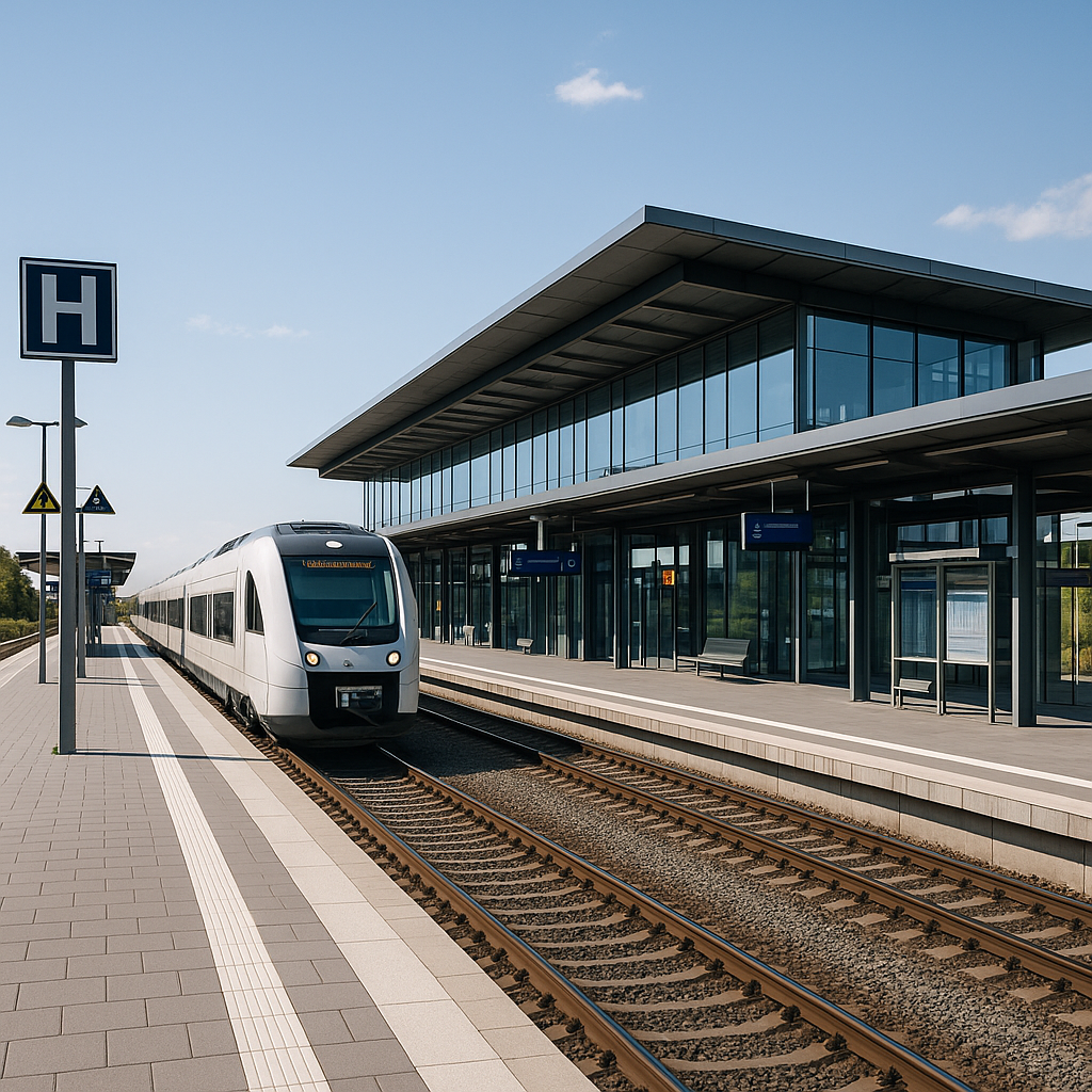Moderner Bahnhof in Ostsachsen an einem sonnigen Tag mit gläsernem Empfangsgebäude, überdachten Bahnsteigen und einem weißen Regionalzug, der auf dem Gleis steht. Im Vordergrund sind klare Beschilderungen und barrierefreie Zugänge sichtbar.