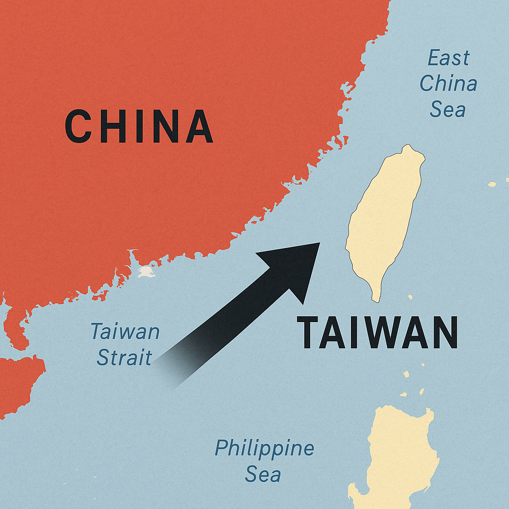 „Karte von Ostasien mit Fokus auf China und Taiwan. China ist in Rot, Taiwan in Beige dargestellt. Zwischen beiden Ländern verläuft die Taiwanstraße, die in Blau markiert ist. Eine dicke schwarze Pfeilmarkierung zeigt von China direkt auf Taiwan und symbolisiert die militärische Bedrohung. Beschriftungen wie ‚Taiwan Strait‘, ‚East China Sea‘ und ‚Philippine Sea‘ sind ebenfalls sichtbar