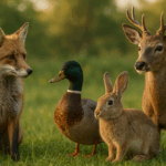 Eine Gruppe von vier Wildtieren steht auf einer Wiese: Ein roter Fuchs sitzt links, daneben ein Erpel mit grünem Kopf, ein braunes Kaninchen sitzt im Vordergrund und rechts steht ein junger Hirsch mit Geweih. Im Hintergrund ist unscharf grüne Natur mit Bäumen zu sehen