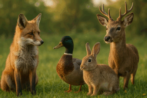 Eine Gruppe von vier Wildtieren steht auf einer Wiese: Ein roter Fuchs sitzt links, daneben ein Erpel mit grünem Kopf, ein braunes Kaninchen sitzt im Vordergrund und rechts steht ein junger Hirsch mit Geweih. Im Hintergrund ist unscharf grüne Natur mit Bäumen zu sehen
