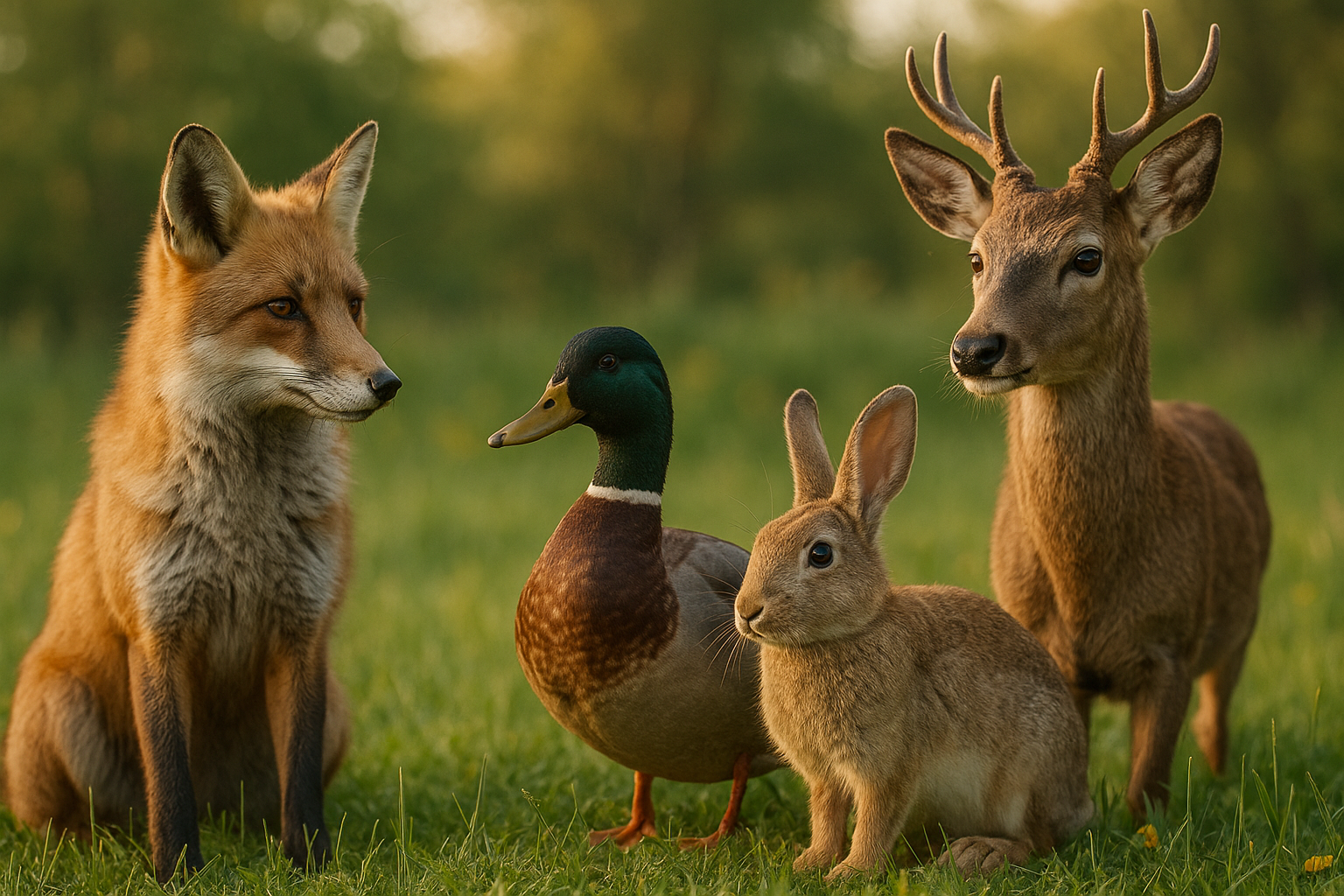 Eine Gruppe von vier Wildtieren steht auf einer Wiese: Ein roter Fuchs sitzt links, daneben ein Erpel mit grünem Kopf, ein braunes Kaninchen sitzt im Vordergrund und rechts steht ein junger Hirsch mit Geweih. Im Hintergrund ist unscharf grüne Natur mit Bäumen zu sehen