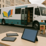 Tablets auf einem Tisch vor einem mobilen Bibliotheksbus auf einem Stadtplatz in Bautzen, umgeben von historischen Gebäuden. Das Bild zeigt eine Veranstaltung zur Förderung der digitalen Medienkompetenz, mit einem Kind, das in der Nähe spielt, und einem Bücherregal, das die Lernumgebung unterstützt.