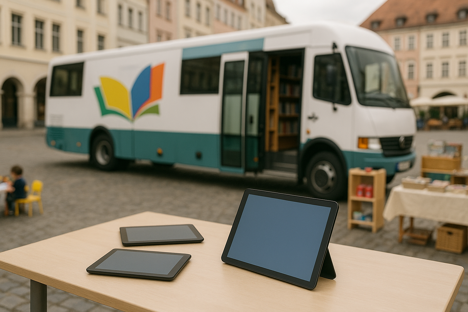 Tablets auf einem Tisch vor einem mobilen Bibliotheksbus auf einem Stadtplatz in Bautzen, umgeben von historischen Gebäuden. Das Bild zeigt eine Veranstaltung zur Förderung der digitalen Medienkompetenz, mit einem Kind, das in der Nähe spielt, und einem Bücherregal, das die Lernumgebung unterstützt.
