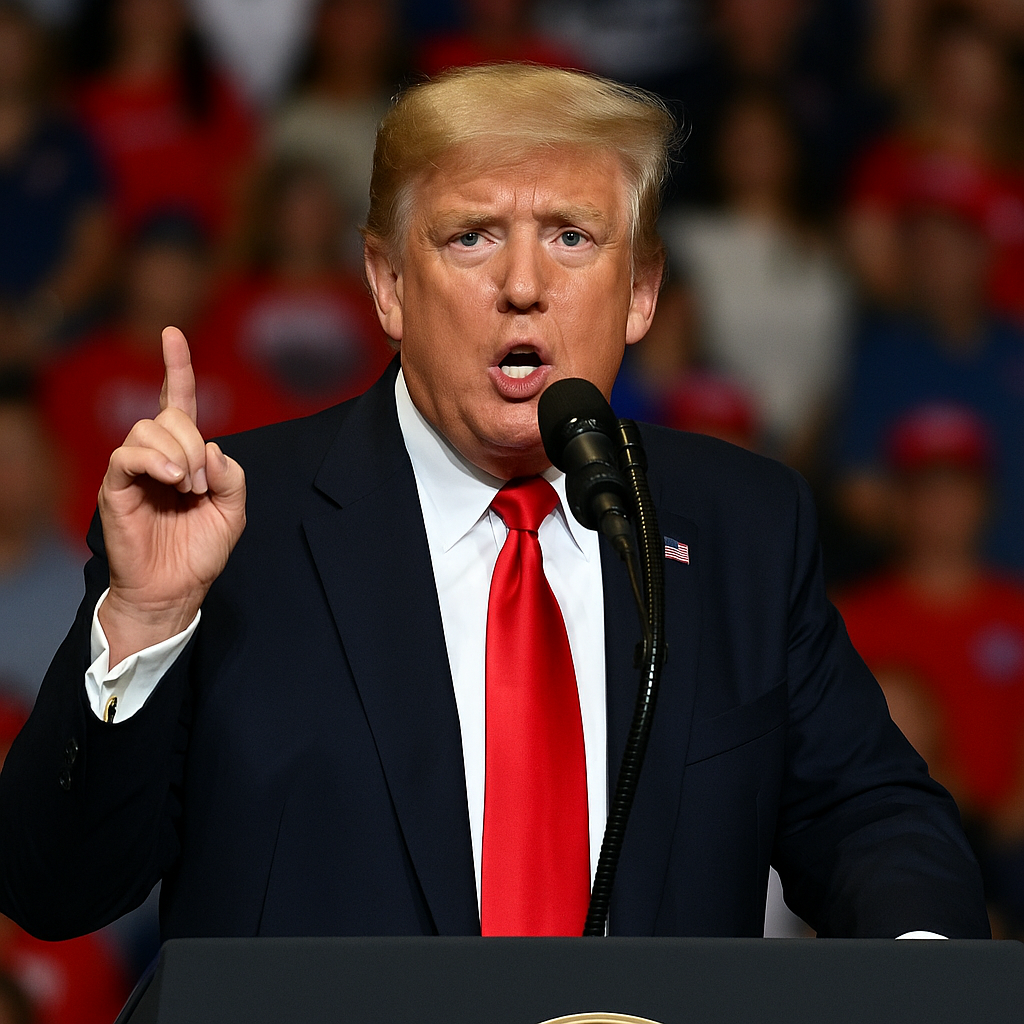Das Bild zeigt den ehemaligen US-Präsidenten **Donald Trump** während einer öffentlichen Rede. Er steht hinter einem schwarzen Rednerpult, trägt einen **dunklen Anzug**, ein **weißes Hemd** und eine **rote Krawatte**. Mit erhobenem Zeigefinger und ernstem Gesichtsausdruck spricht er energisch in ein Mikrofon. Im Hintergrund ist eine unscharfe Menschenmenge zu erkennen, viele tragen **rote Mützen** und Kleidung – typisch für Trumps Wahlkampfveranstaltungen. Die Szene vermittelt Entschlossenheit und Dringlichkeit.