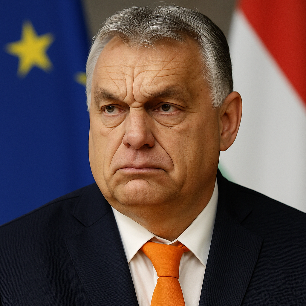 Porträt von Viktor Orbán, dem ungarischen Ministerpräsidenten, mit ernster Miene. Er trägt einen dunklen Anzug, ein weißes Hemd und eine orangefarbene Krawatte. Im Hintergrund sind unscharf die Flaggen der Europäischen Union und Ungarns zu erkennen.