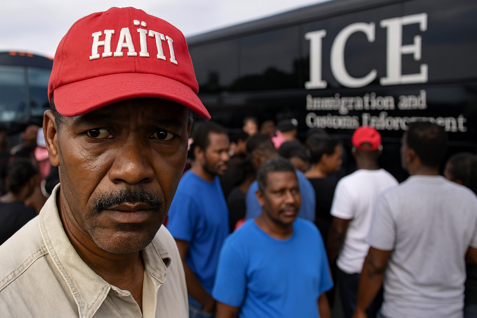 Haitianischer Mann mit roter Kappe „Haïti“ vor einem ICE-Abschiebebus in den USA. Im Hintergrund warten weitere haitianische Migranten auf ihre Abschiebung. Thema: USA entziehen Haitianern den Schutzstatus.
