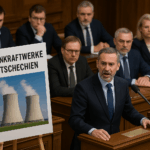 Ein hochauflösendes, realistisches Foto zeigt eine politische Debatte in einem Parlamentssaal. Im Vordergrund spricht ein ernster, grauhaariger Mann im Anzug am Rednerpult. Hinter ihm sitzen weitere Abgeordnete an hölzernen Tischen, aufmerksam lauschend. Links im Bild steht ein Plakat mit der Aufschrift „Jadenkraftwerke in Tschechien“ (mit einem Druckfehler im Wort „Kernkraftwerke“) und einem Bild von zwei dampfenden Kühltürmen eines Atomkraftwerks. Die Szene vermittelt eine hitzige politische Diskussion über die Sicherheit und Zukunft der Kernenergie in Grenznähe.