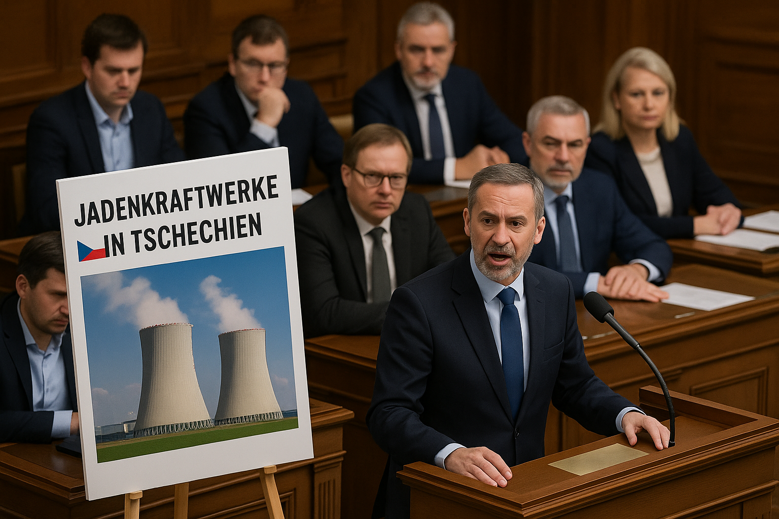 Ein hochauflösendes, realistisches Foto zeigt eine politische Debatte in einem Parlamentssaal. Im Vordergrund spricht ein ernster, grauhaariger Mann im Anzug am Rednerpult. Hinter ihm sitzen weitere Abgeordnete an hölzernen Tischen, aufmerksam lauschend. Links im Bild steht ein Plakat mit der Aufschrift „Jadenkraftwerke in Tschechien“ (mit einem Druckfehler im Wort „Kernkraftwerke“) und einem Bild von zwei dampfenden Kühltürmen eines Atomkraftwerks. Die Szene vermittelt eine hitzige politische Diskussion über die Sicherheit und Zukunft der Kernenergie in Grenznähe.