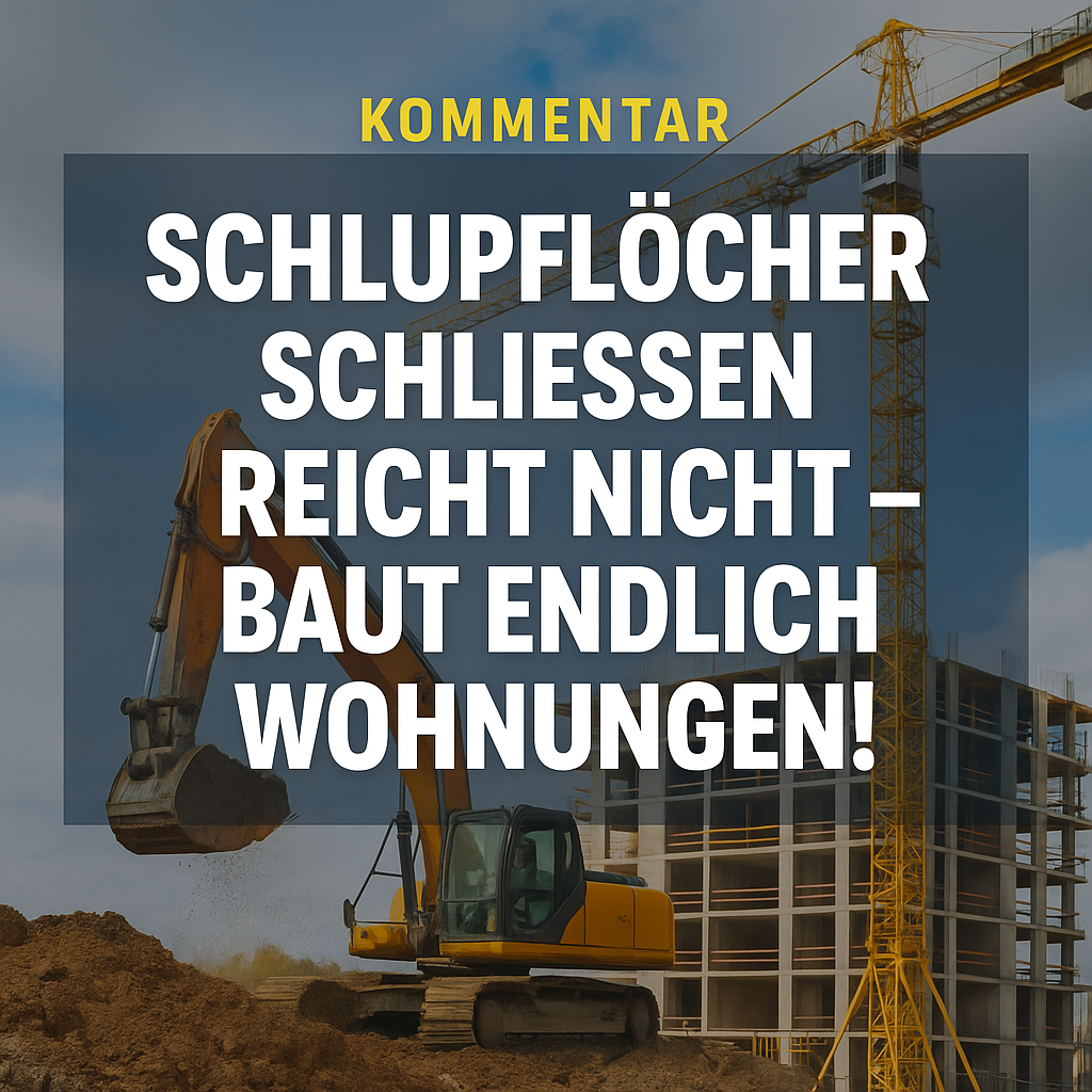 Grafik mit dem Schriftzug ‚Weniger Regeln, mehr Wohnungen – Der Staat muss bauen!‘ vor dem Hintergrund eines Baukrans und im Vordergrund ein Symbolbild einer Mietwohnung. Die Grafik steht für den Kommentar zur Wohnungsbaupolitik und der Forderung nach mehr bezahlbarem Wohnraum