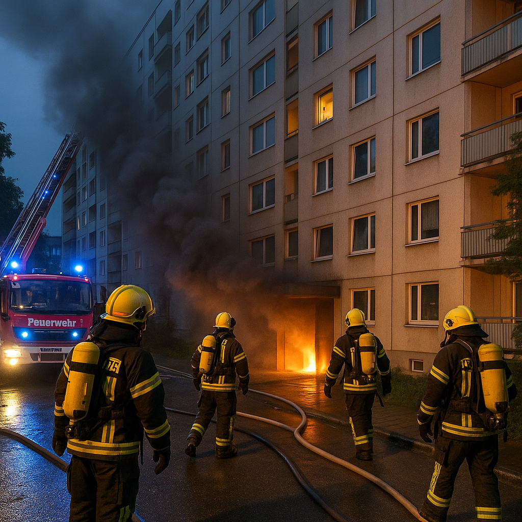 Das Bild zeigt einen nächtlichen Feuerwehreinsatz vor einem Hochhaus. Dichte, schwarze Rauchwolken dringen aus dem Kellerbereich des Gebäudes, während Flammen deutlich sichtbar lodern. Vier Feuerwehrleute in voller Schutzausrüstung mit Atemgeräten und Helmen laufen mit Feuerwehrschläuchen auf den Brandherd zu. Ein Feuerwehrfahrzeug mit eingeschaltetem Blaulicht steht neben dem Gebäude. Die Fassade des mehrstöckigen Hauses ist von Rauch und Feuerschein erleuchtet. Die Szene wirkt dramatisch und authentisch.