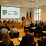 Das Bild zeigt die Kreistagssitzung im Landkreis Bautzen in einem hellen, repräsentativen Sitzungssaal mit hohen, weißen Rundbogenfenstern. Im Vordergrund sitzen etwa zwei Dutzend Mitglieder des Kreistags an dunklen Holztischen, konzentriert auf die laufende Sitzung. Auf einem erhöhten Podium befinden sich acht Personen, darunter der Vorsitzende am Rednerpult. Hinter ihm sind die Deutschlandflagge, die sächsische Flagge und das Logo „Landkreis Bautzen“ auf einer Leinwand zu sehen. Die Atmosphäre wirkt formell, ruhig und strukturiert – ein typisches Bild demokratischer Lokalpolitik.