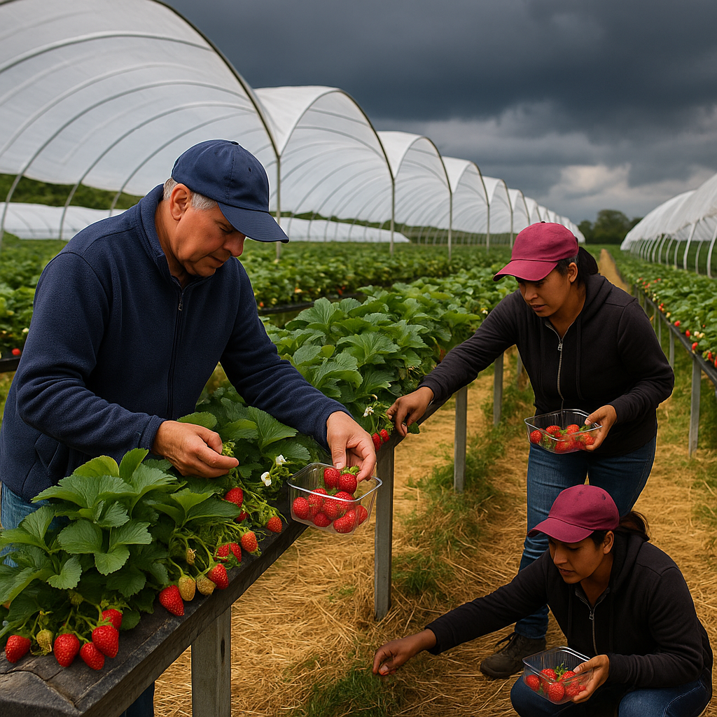 Ein Erdbeerfeld mit Folientunneln, im Vordergrund pflücken zwei Arbeiter Erdbeeren von brusthohen Rinnen. Im Hintergrund ziehen dunkle Regenwolken auf – Symbol für die Herausforderungen durch den Klimawandel.