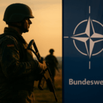 Bundeswehr-Soldat in Uniform mit Waffe vor Nato-Flagge im Sonnenuntergang – Symbol für Verteidigung und Sicherheit Deutschlands und Europas