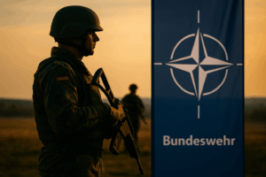 Bundeswehr-Soldat in Uniform mit Waffe vor Nato-Flagge im Sonnenuntergang – Symbol für Verteidigung und Sicherheit Deutschlands und Europas