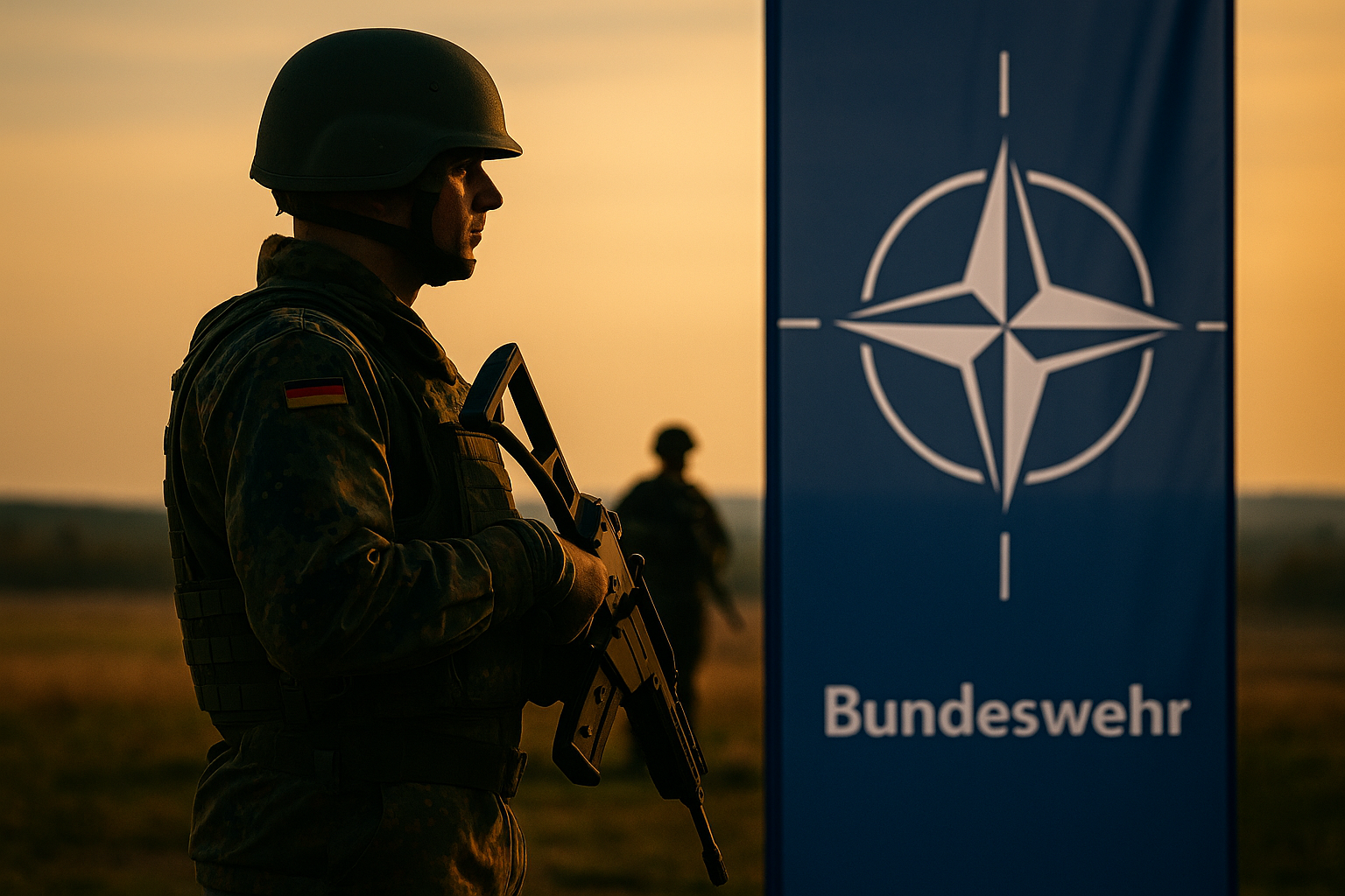 Bundeswehr-Soldat in Uniform mit Waffe vor Nato-Flagge im Sonnenuntergang – Symbol für Verteidigung und Sicherheit Deutschlands und Europas