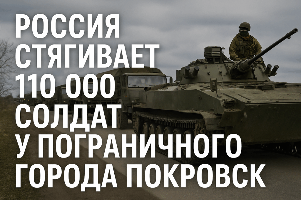 Russischer Militärkonvoi mit Panzer und Transportfahrzeugen auf Landstraße nahe Pokrowsk. Text im Bild: Russland zieht 110.000 Soldaten bei Grenzstadt Pokrowsk zusammen.