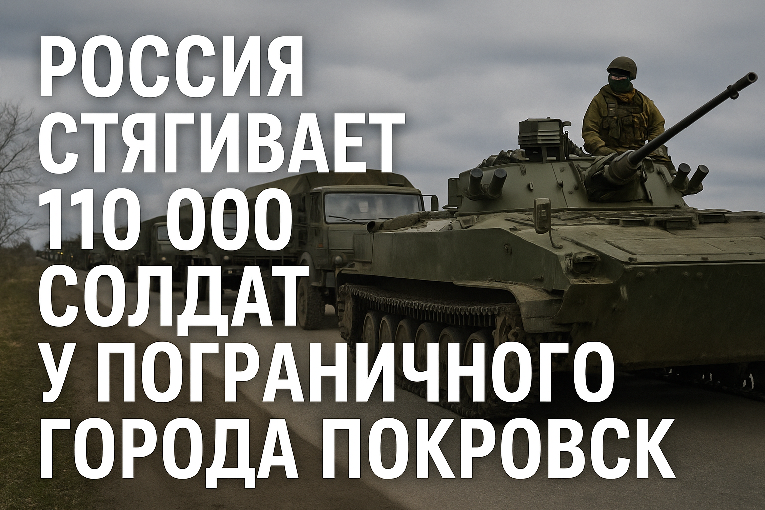 Russischer Militärkonvoi mit Panzer und Transportfahrzeugen auf Landstraße nahe Pokrowsk. Text im Bild: Russland zieht 110.000 Soldaten bei Grenzstadt Pokrowsk zusammen.