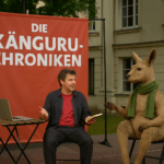 Open-Air-Theateraufführung der Känguru-Chroniken im Theatergarten Bautzen. Ein Schauspieler sitzt mit einem Buch in der Hand neben einer großen Känguru-Puppe mit grünem Schal. Im Hintergrund ein rotes Banner mit der Aufschrift ‚Die Känguru-Chroniken‘ und die Fassade des Theaters.