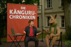 Open-Air-Theateraufführung der Känguru-Chroniken im Theatergarten Bautzen. Ein Schauspieler sitzt mit einem Buch in der Hand neben einer großen Känguru-Puppe mit grünem Schal. Im Hintergrund ein rotes Banner mit der Aufschrift ‚Die Känguru-Chroniken‘ und die Fassade des Theaters.
