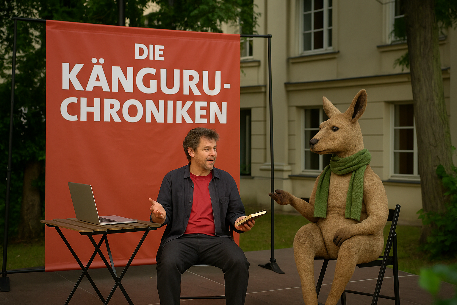 Open-Air-Theateraufführung der Känguru-Chroniken im Theatergarten Bautzen. Ein Schauspieler sitzt mit einem Buch in der Hand neben einer großen Känguru-Puppe mit grünem Schal. Im Hintergrund ein rotes Banner mit der Aufschrift ‚Die Känguru-Chroniken‘ und die Fassade des Theaters.