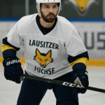Das Bild zeigt einen Eishockeyspieler der Lausitzer Füchse während eines Trainings oder Spiels auf dem Eis. Er trägt die weiße Auswärtsausrüstung des Teams mit dunkelblauen und gelben Akzenten. Auf der Brust prangt das markante Logo der Lausitzer Füchse – ein stilisierter gelber Fuchskopf mit Schriftzug. Der Spieler trägt einen weißen Helm, dunkelblaue Handschuhe und hält konzentriert den Eishockeyschläger in den Händen. Im Hintergrund ist unscharf das große Füchse-Logo auf der Bande zu erkennen. Die gesamte Szene vermittelt Konzentration, Einsatzbereitschaft und sportlichen Fokus.