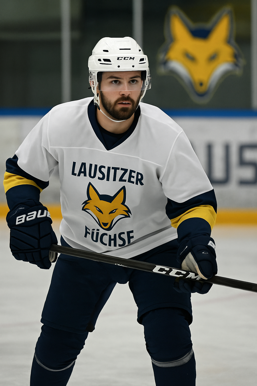 Das Bild zeigt einen Eishockeyspieler der Lausitzer Füchse während eines Trainings oder Spiels auf dem Eis. Er trägt die weiße Auswärtsausrüstung des Teams mit dunkelblauen und gelben Akzenten. Auf der Brust prangt das markante Logo der Lausitzer Füchse – ein stilisierter gelber Fuchskopf mit Schriftzug. Der Spieler trägt einen weißen Helm, dunkelblaue Handschuhe und hält konzentriert den Eishockeyschläger in den Händen. Im Hintergrund ist unscharf das große Füchse-Logo auf der Bande zu erkennen. Die gesamte Szene vermittelt Konzentration, Einsatzbereitschaft und sportlichen Fokus.