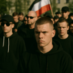 Das Bild zeigt eine Gruppe junger Männer, überwiegend in schwarzen Kapuzenpullovern und dunkler Kleidung. Im Vordergrund steht ein junger Mann mit strengem Blick und kurz geschorenen Haaren. Sein Gesicht ist von der Sonne halb beleuchtet. Im Hintergrund erkennt man weitere junge Männer mit ernsten Mienen, einige tragen Sonnenbrillen oder Basecaps. Eine Deutschlandflagge in Schwarz-Weiß-Rot wird unscharf im Hintergrund getragen. Die Szene spielt sich im Freien ab, vor einem verschwommenen urbanen Hintergrund mit Gebäuden und Bäumen – die Atmosphäre wirkt angespannt und geschlossen.