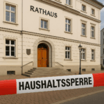 Das Rathaus mit heller Fassade und großer Aufschrift ‚RATHAUS‘ über dem Eingang. Vor dem Gebäude ist ein Absperrband mit der Aufschrift ‚HAUSHALTSSPERRE‘ gespannt, das symbolisch auf finanzielle Einschränkungen hinweist. Der Himmel ist leicht bewölkt, die Szene wirkt ruhig.