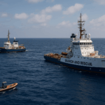 Drei Seenotrettungsschiffe fahren auf dem offenen Mittelmeer. Im Vordergrund ist ein großes blaues Schiff mit der Aufschrift ‚SEARCH AND RESCUE‘ zu sehen. Im Hintergrund befinden sich ein rotes Versorgungsschiff und ein weiteres Schiff. Der Himmel ist klar und das Meer ruhig.