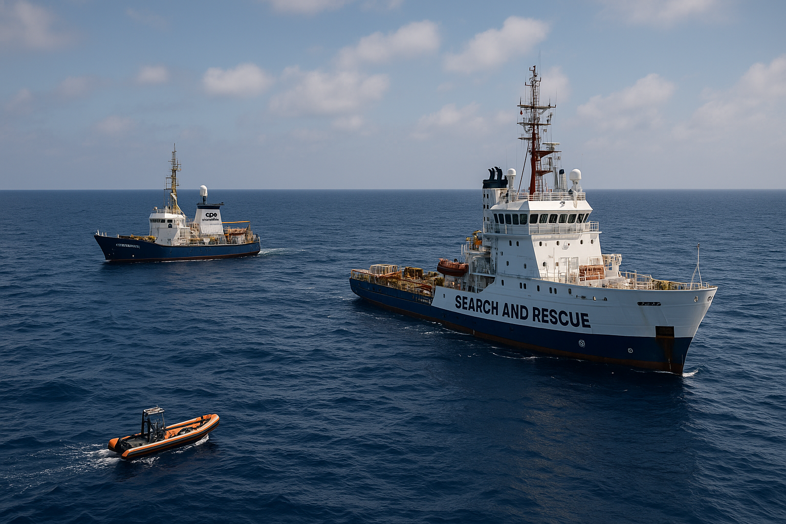 Drei Seenotrettungsschiffe fahren auf dem offenen Mittelmeer. Im Vordergrund ist ein großes blaues Schiff mit der Aufschrift ‚SEARCH AND RESCUE‘ zu sehen. Im Hintergrund befinden sich ein rotes Versorgungsschiff und ein weiteres Schiff. Der Himmel ist klar und das Meer ruhig.
