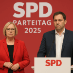 Bärbel Bas und Lars Klingbeil beim SPD Parteitag 2025 vor rotem Hintergrund mit SPD-Logo