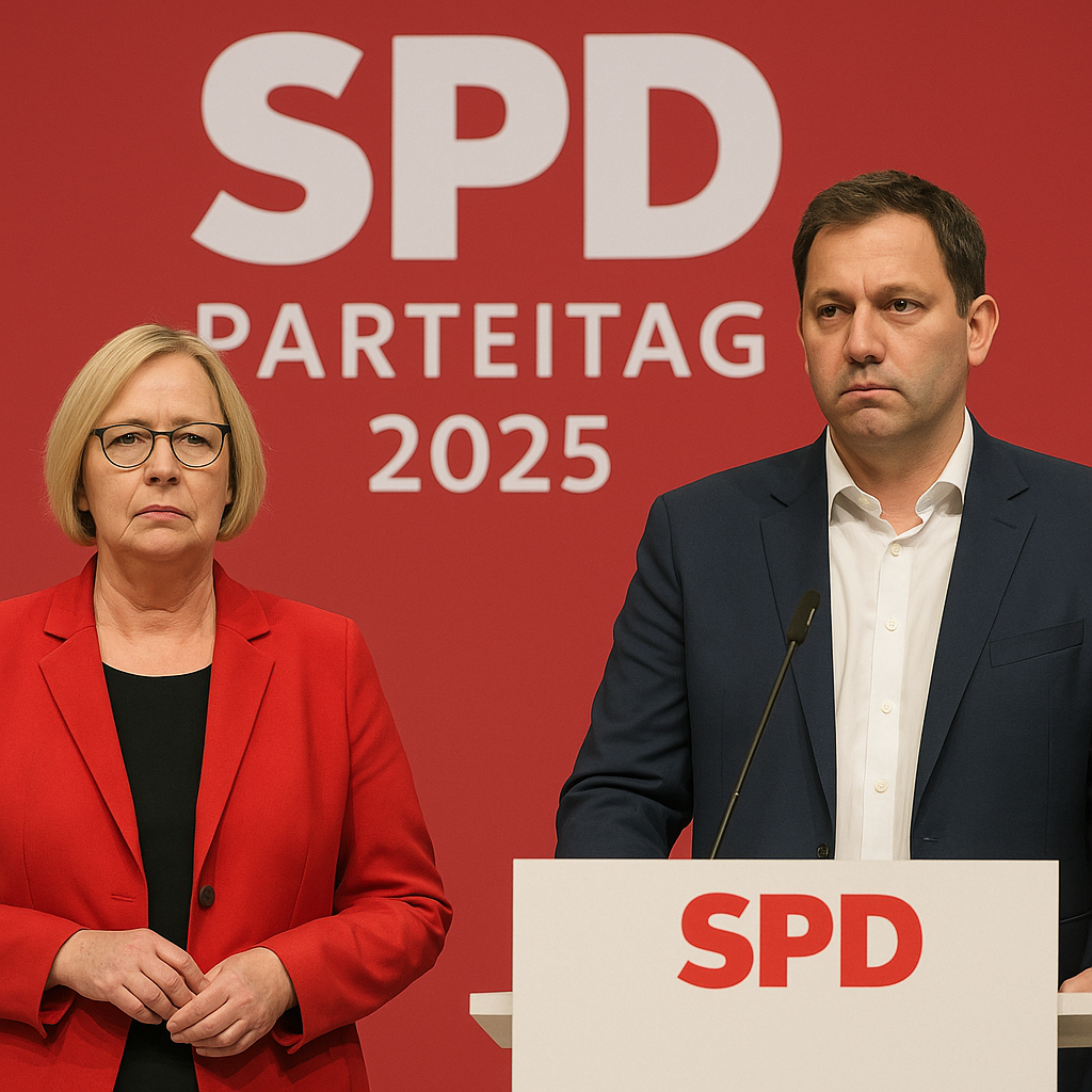 Bärbel Bas und Lars Klingbeil beim SPD Parteitag 2025 vor rotem Hintergrund mit SPD-Logo