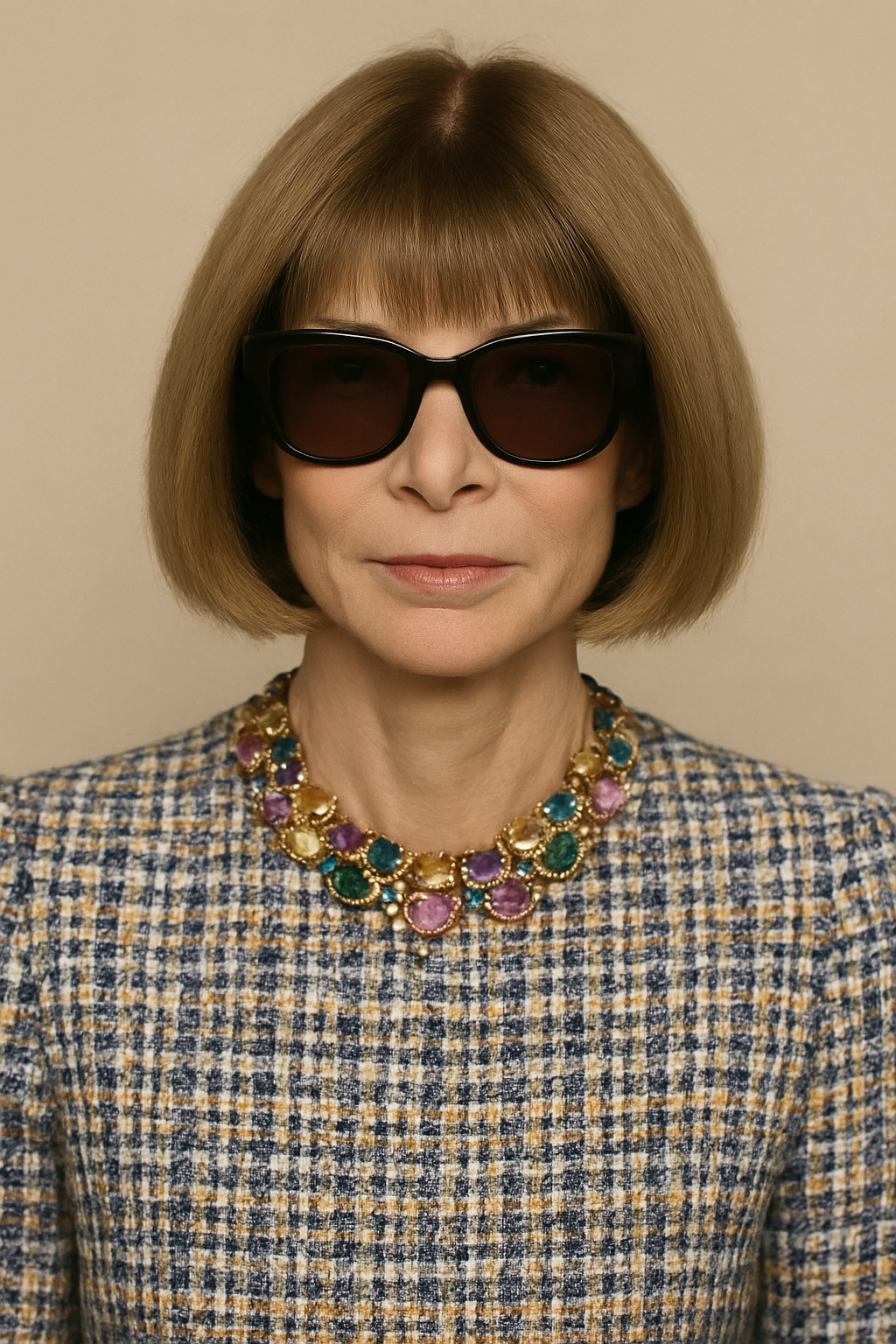 Porträt von Anna Wintour mit Bobfrisur, dunkler Sonnenbrille und bunter Statement-Halskette vor beigem Hintergrund. Sie trägt ein blau-gelb kariertes Tweed-Kleid und blickt direkt in die Kamera.