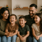 Das Foto zeigt eine fröhliche, kinderreiche Familie mit fünf Mitgliedern, die auf einem hellgrauen Sofa in einem gemütlich eingerichteten Wohnzimmer sitzt. Die Eltern – Mutter in einem olivgrünen Pullover, Vater in einem dunkelgrünen Hemd – lächeln liebevoll ihre drei Kinder an. Die Kinder, zwei Jungen und ein Mädchen im Grundschulalter, lachen ausgelassen. Im Hintergrund sind Holzregale mit Spielzeug und Büchern zu sehen. Das natürliche Licht und die harmonische Farbgebung vermitteln Wärme, Geborgenheit und familiären Zusammenhalt.