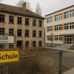 Schulgebäude in der Oberlausitz mit Baustelle und Schülern