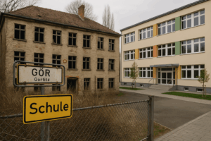 Schulgebäude in der Oberlausitz mit Baustelle und Schülern