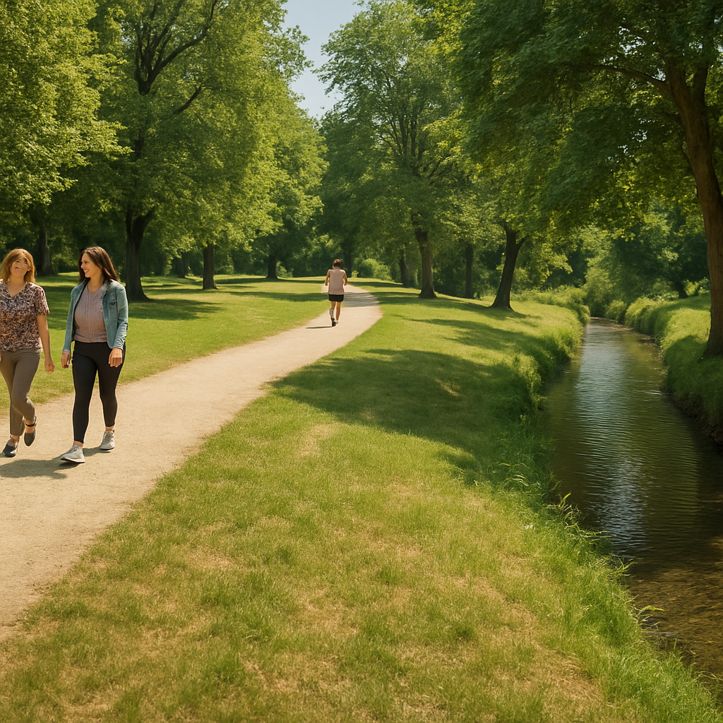 Grüne Parklandschaft in Zittau mit Spazierweg, Bachlauf und großen schattenspendenden Bäumen – Symbolbild für das Projekt Green Zitty 2032+ zur nachhaltigen Stadtentwicklung und Klimaanpassung.