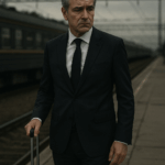 Geschäftsmann im Anzug mit Koffer auf Bahnsteig, Symbolbild für Auswanderung, Vermögensflucht, Millionäre verlassen Deutschland