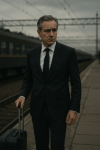 Geschäftsmann im Anzug mit Koffer auf Bahnsteig, Symbolbild für Auswanderung, Vermögensflucht, Millionäre verlassen Deutschland