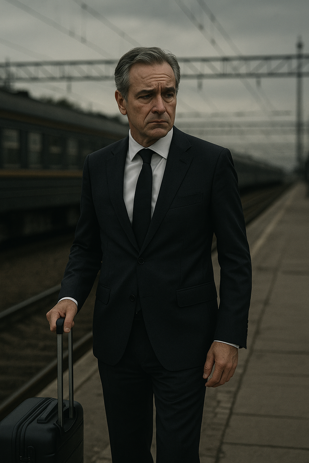 Geschäftsmann im Anzug mit Koffer auf Bahnsteig, Symbolbild für Auswanderung, Vermögensflucht, Millionäre verlassen Deutschland