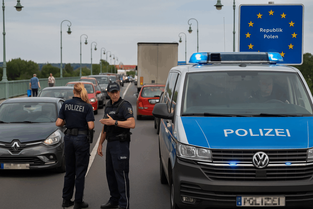 Grenzkontrolle an der Stadtbrücke Görlitz-Zgorzelec. Polizeifahrzeuge, Absperrungen und wartende Autos auf der deutsch-polnischen Grenze. Thema: Grenzärger, Kontrollen und Proteste an der Neiße.