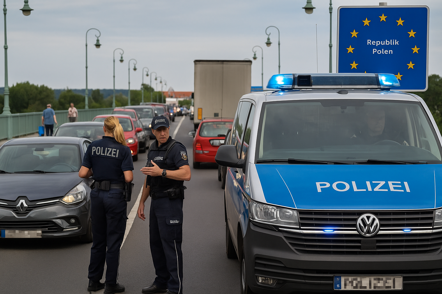 Grenzkontrolle an der Stadtbrücke Görlitz-Zgorzelec. Polizeifahrzeuge, Absperrungen und wartende Autos auf der deutsch-polnischen Grenze. Thema: Grenzärger, Kontrollen und Proteste an der Neiße.