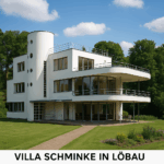 Außenansicht der Villa Schminke in Löbau, modernes Wohnhaus von Hans Scharoun mit geschwungenen Linien, großen Fenstern und weißer Fassade inmitten einer grünen Gartenanlage.