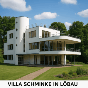 Außenansicht der Villa Schminke in Löbau, modernes Wohnhaus von Hans Scharoun mit geschwungenen Linien, großen Fenstern und weißer Fassade inmitten einer grünen Gartenanlage.
