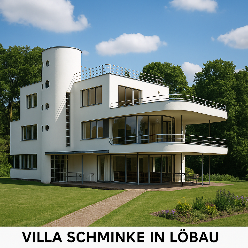 Außenansicht der Villa Schminke in Löbau, modernes Wohnhaus von Hans Scharoun mit geschwungenen Linien, großen Fenstern und weißer Fassade inmitten einer grünen Gartenanlage.