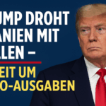 Donald Trump droht Spanien mit Zöllen – Beitragsbild mit Schlagzeile ‚Trump droht Spanien mit Zöllen – Streit um NATO-Ausgaben‘ auf blauem Hintergrund, Trump im Anzug mit roter Krawatte rechts im Bild.
